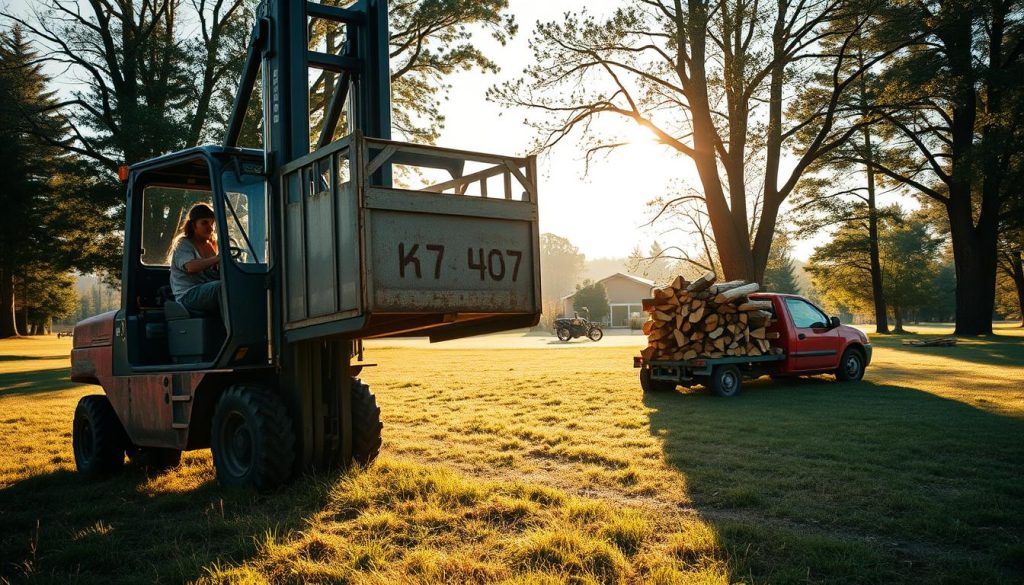 Hubwagen Brennholz transportieren mit Metallkubik auf dem Grundstück