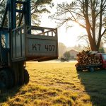 Hubwagen Brennholz transportieren mit Metallkubik auf dem Grundstück