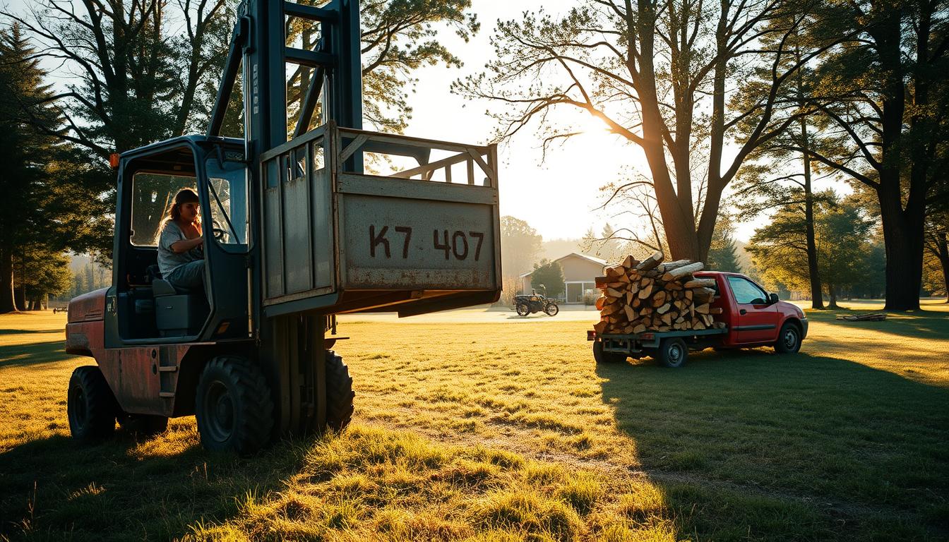 Hubwagen Brennholz transportieren mit Metallkubik auf dem Grundstück