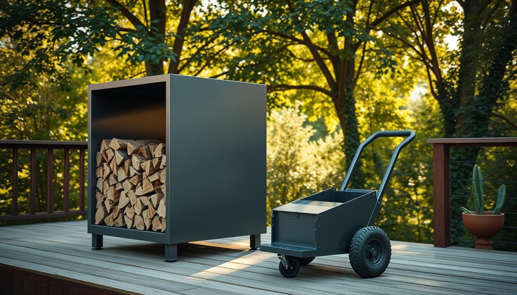 Moderne Lösung für Brennholztransport mit Metallkubik Moderne Lösung für Brennholztransport mit Metallkubik